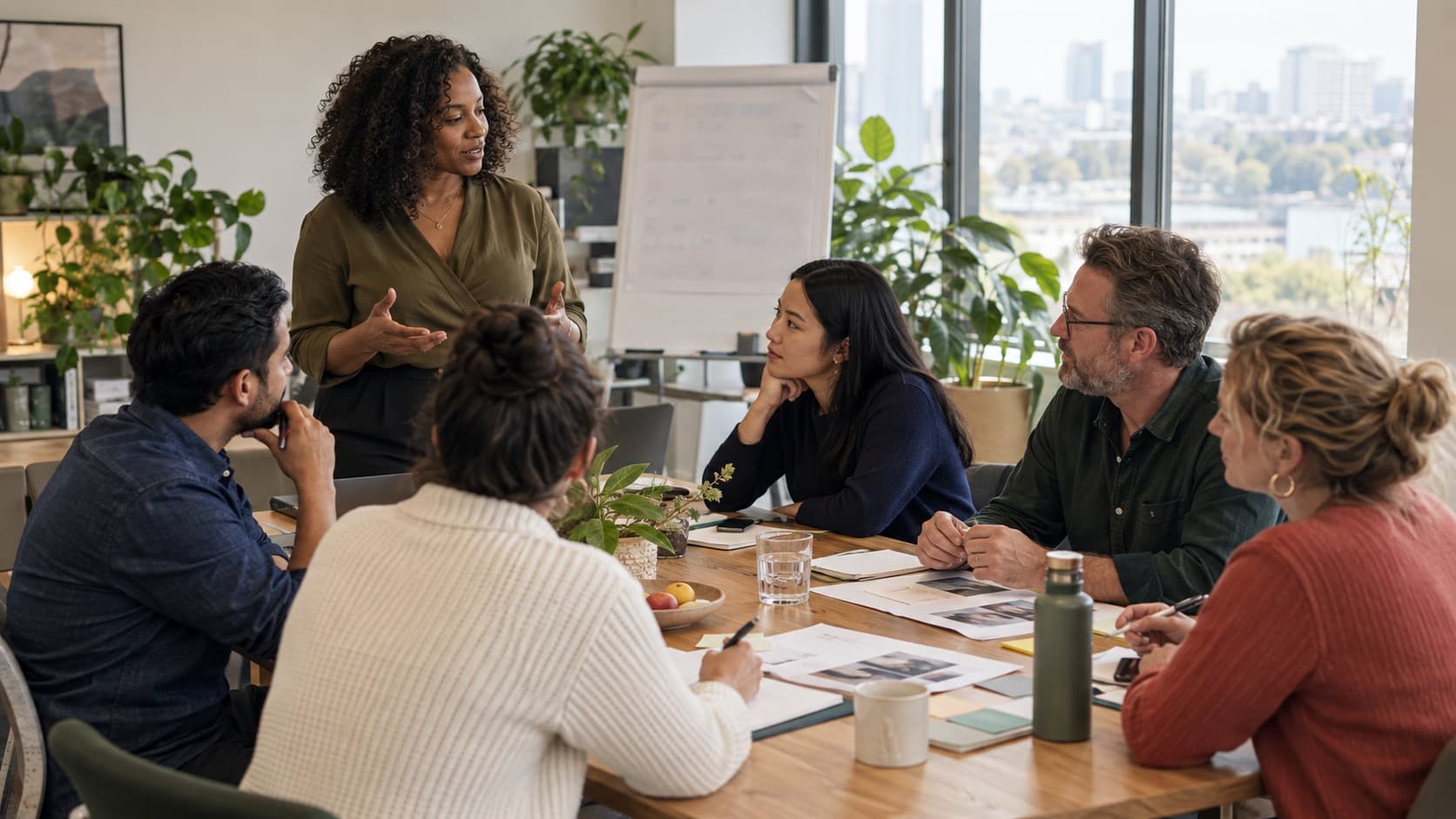 Illustrative group of adults sharing ideas around a table
